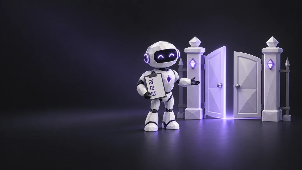 Робот с чек-листом у ворот с открытой и закрытой дверью — правила robots.txt