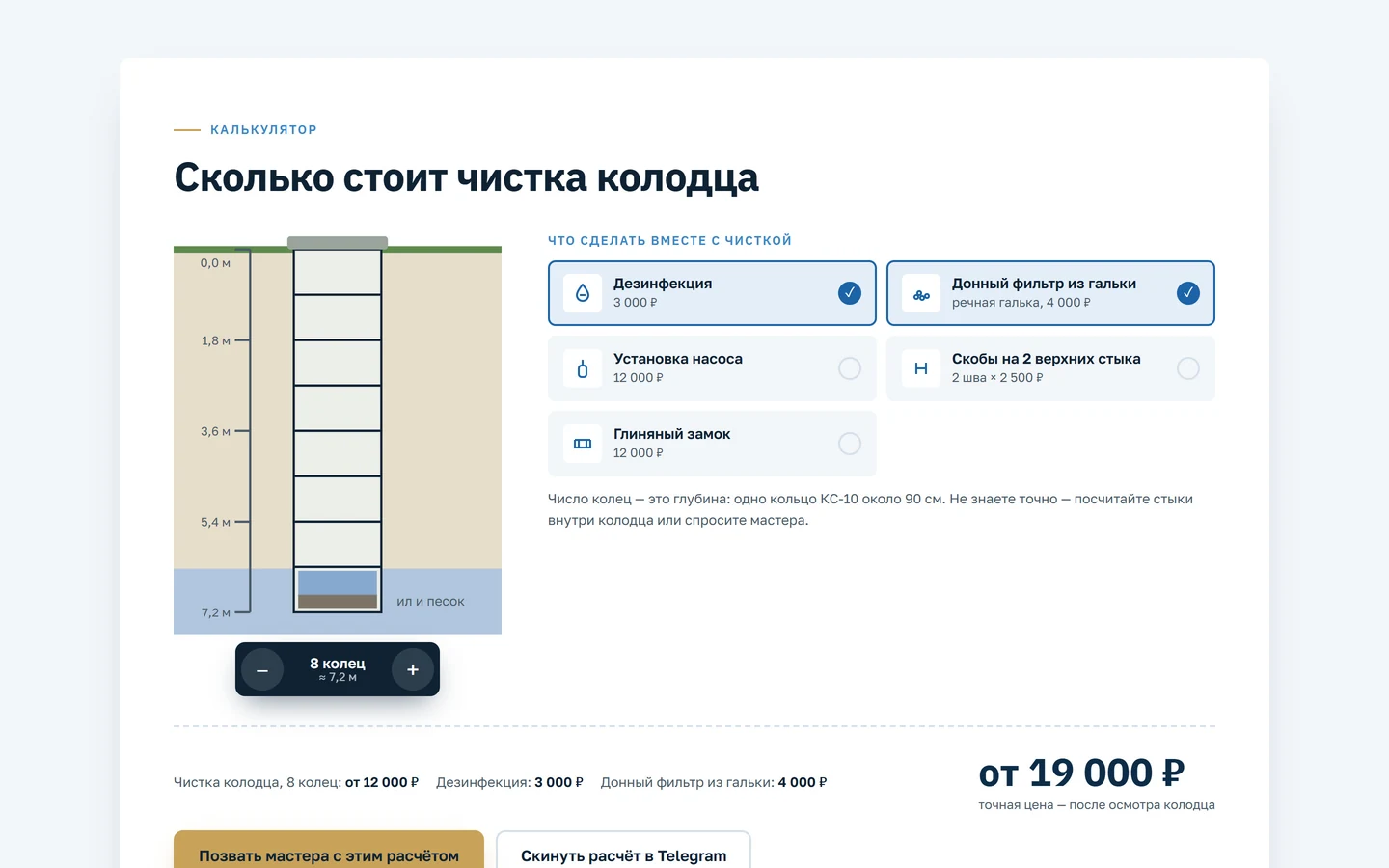 Калькулятор чистки колодца на сайте «Вода-В-Дом»: работы и итоговая цена