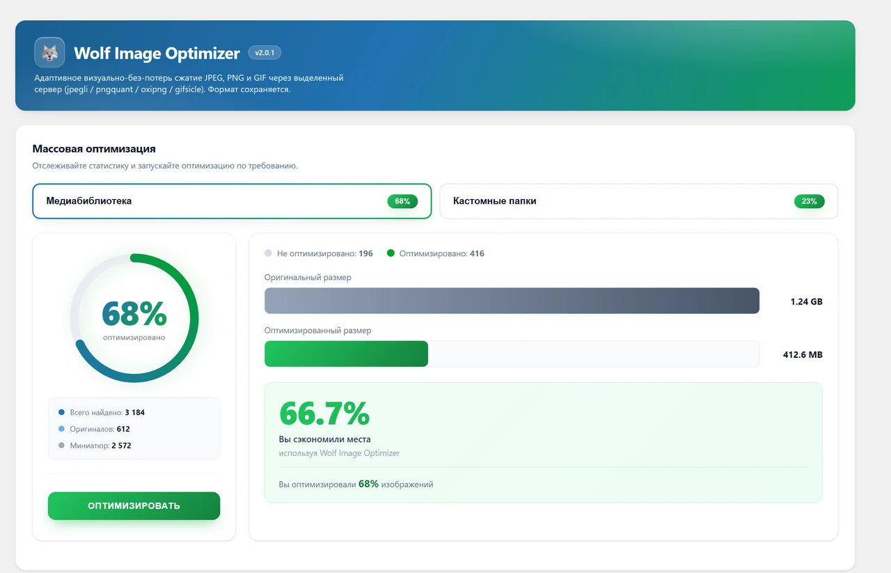 Wolf Image Optimizer: блок массовой оптимизации с кольцом прогресса и экономией места